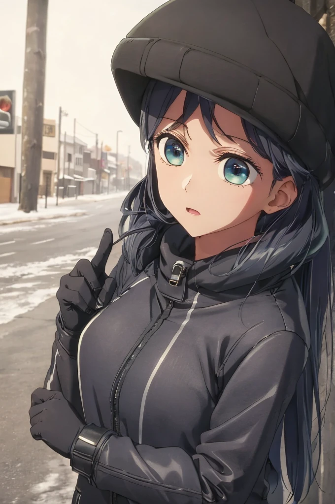 girl, jeans, black puffer jacket, black gloves, street, scared, snow