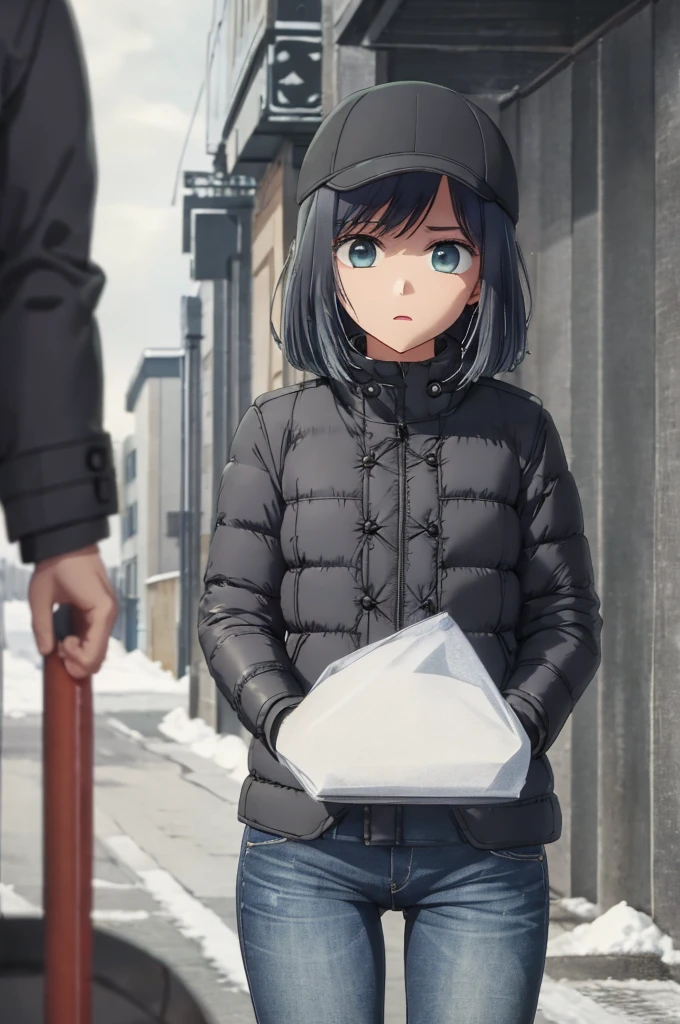 girl, jeans, black puffer jacket, black gloves, street, scared, snow