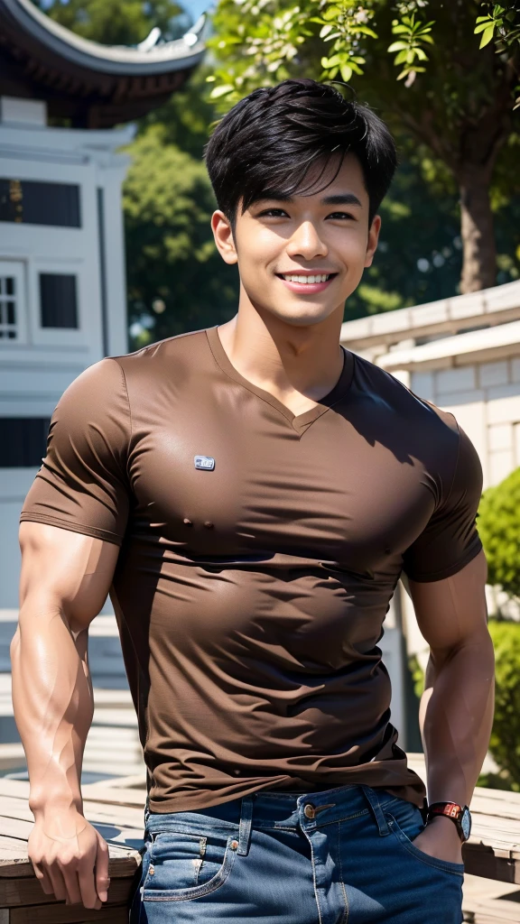 man , Brown t-shirt, jeans, black short hair , outdoor , cute smile , หน้าhandsomeแบบเกาหลีสมจริง , modest muscles , Masterpiece、High resolution、Surreal、detailed face、alone、man、Glowing skin、(Asia)、handsome、tall building background