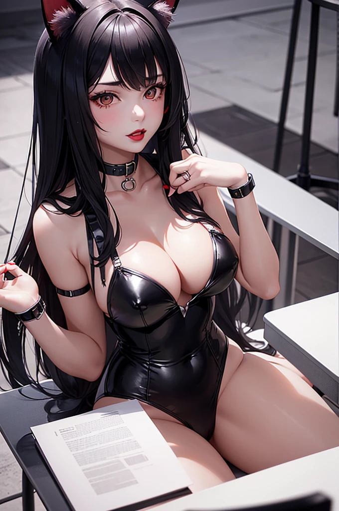 Detailed facial details，bust，16 years old，1 girl，Red lips，Cat ear，Black long hair，Wearing a snow-white latex shirt，Large Breasts，Slim，Tied to stone pillars，Handcuffs，Collar，Radiant Skin，Gallows