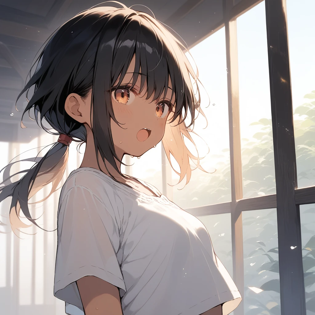 score_9, score_8_up, score_7_up, source_anime, best quality, masterpiece, official art, absurdres, highres, ultra-detailed,waifu2x,Collection: Slice of Life,break,1girl, tomboy, dark-skinned female, short hair, low ponytail, small breasts, beautiful detailed eyes, short shorts, sweat, open mouth, (yawn:0.3), sleepily, outdoors, wind,break,(clear line illustration:1.2), super detailed skin,very high resolution, very aesthetic, Best sexual lighting powered by famous artist, 8k,cute picture,beauty illustration,photoshop_(medium),,(Detailed Lighting),best anime 8k konachan wallpaper, pixiv contest winner,