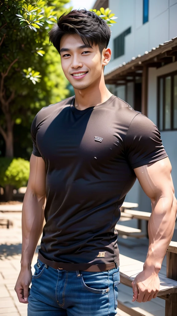 man , Brown t-shirt, jeans, black short hair , outdoor , cute smile , หน้าhandsomeแบบเกาหลีสมจริง , modest muscles , Masterpiece、High resolution、Surreal、detailed face、alone、man、Glowing skin、(Asia)、handsome、tall building background