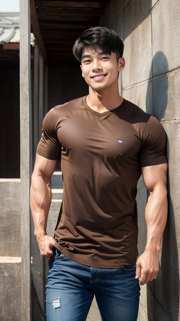 man , Brown t-shirt, jeans, black short hair , outdoor , cute smile , หน้าhandsomeแบบเกาหลีสมจริง , modest muscles , Masterpiece、High resolution、Surreal、detailed face、alone、man、Glowing skin、(Asia)、handsome、tall building background