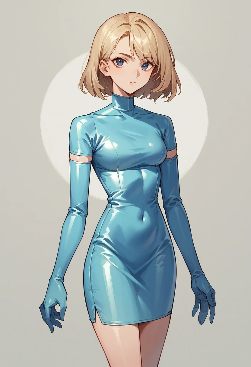 1girl, ((blue elbow gloves)), ((surgical gloves)), ((latex gloves)), ((white fabric surgeon dress)), (((long sleeves))), ((sleeves tucked into gloves)), looking at viewer, standing, solo

