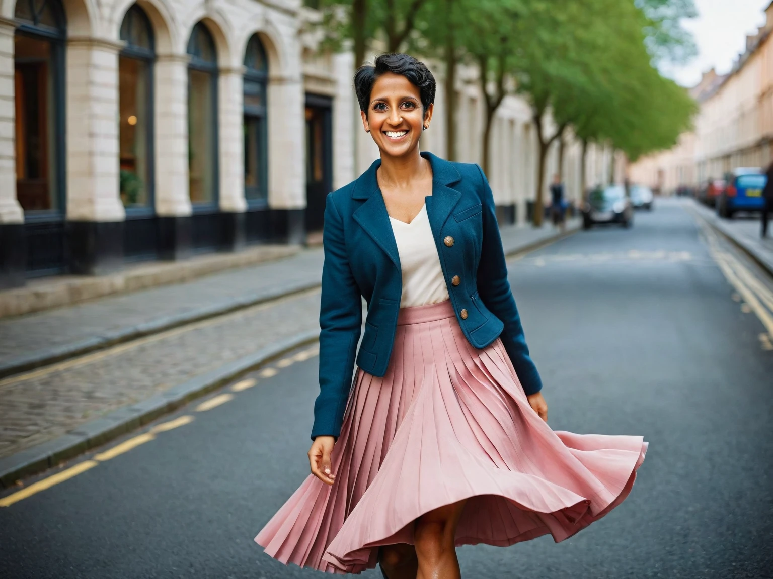 Naga Munchetty, A smiling, authentic, (shy:1,3), kind, beautiful woman, is passionately in love with her skirt, wind wildly lifts her skirt, wearing uniform jacket and very, very detailed (long (fully pleated) full circle skirt) and (low heeled court shoes), very, very intricate hyper-detailed symmetric (attractive graceful young feminine face) with (sad, tired eyes and a loving smile), very voluptuous breasts, full of empathy and compassion and love, (pronounced (feminine) features), (highly detailed ultra accurate realistic) hands and fingers, (windy), epic composition, highly detailed attributes, (35mm f1.4 Kodak portra 400 photograph), extremely high quality RAW photograph, highly detailed atmosphere, sci-fi, cinematic shot, dynamic lighting, 75mm, Technicolor, Panavision, cinemascope, sharp focus, fine details, 8k, HDR, realism, realistic, key visual, film still, superb cinematic color grading, depth of field