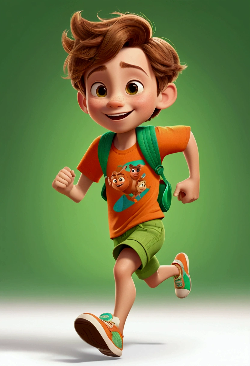 16k asymmetrical boy, Disney Pixar style, 3d, cartoon, cute, bright colors, short light brown hair, light skin, orange short-sleeved shirt, green shorts, intricate details, running, down, happy