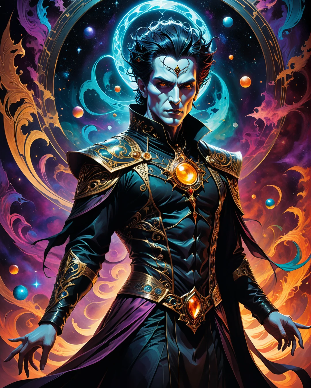 A male warlock who follows an old and forgotten deity. Dramatic otherworldly background behind him.
{Surreal and realistic graphic novel illustration}. {lean, dancer's anatomy}, {elaborate subject design, and expressive facial expressions.} {Professional, ultrarealistic comic illustration with thick black ink outlining}. {Saturated, dark-centric coloring for dark, rich, and vivid colors}. {(Varied color distortions with smooth blends:1.5), dimly light scene, atmospheric darkness (Chiaroscuro and sfumato:2), diffused highlights with intense shadow, and underexposed look}. {Two-dimensional flat rendering. Triadic background colors and additional foreground colors}. ({Science fiction, retrofuturism, cosmic horror, eerie surrealism, dark fantasy, gothic, heavy metal aesthetic}:1.5). {Masterpiece quality with master draughtsmanship. Refined linework, variation in line weight, and fine detailing}. Maximalism, rich and vibrant. {Loose, unconventional framing for dynamic, unique poses. Action-oriented scenes with storytelling emphasis}. {Clarity and sharp focus, filmic aesthetics}. {Professional hierarchy, positive shapes, and negative space}. {Pattern, rhythm, and unity, captivating visuals}. Dark canvas.