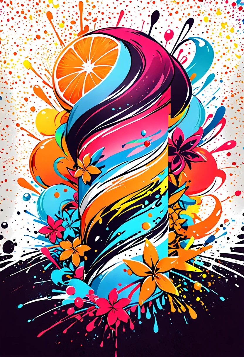 t-shirt designs, with vector art, Colorful Fruits Illustration , At the center, swirly vibrant colors，graffiti art，ink spatter，UHD quality, details in 16k, Wild and unbridled，ink wink painting，rich and colorful，visual impact,modern aesthetic,Elegant and simple, t-shirt designs, Hawaii Island Background