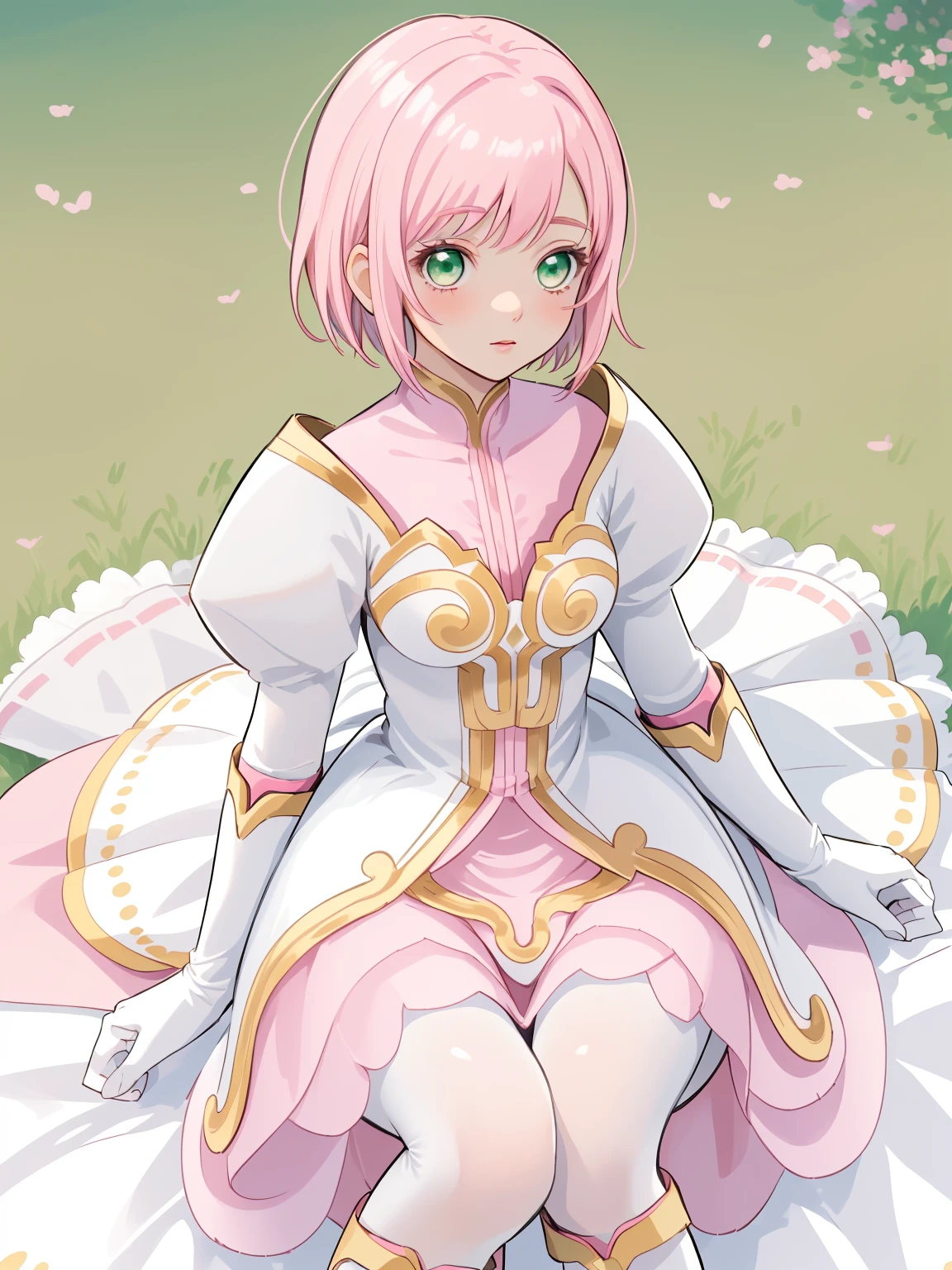 masterpiece, Highest quality, alone, One Girl,Estellise Sidos Heurassein, Pink Hair, short hair, Green Eyes, Small breasts, White and pink dress, Glamorous Dress, Pink collar, Pink Skirt, White boots, White gloves, (Black Pantyhose, Black legwear:1.1)whole body, Little:5, cute, (Beautifully detailed face), (Beautiful attention to detail), (Beautiful detailed hair)