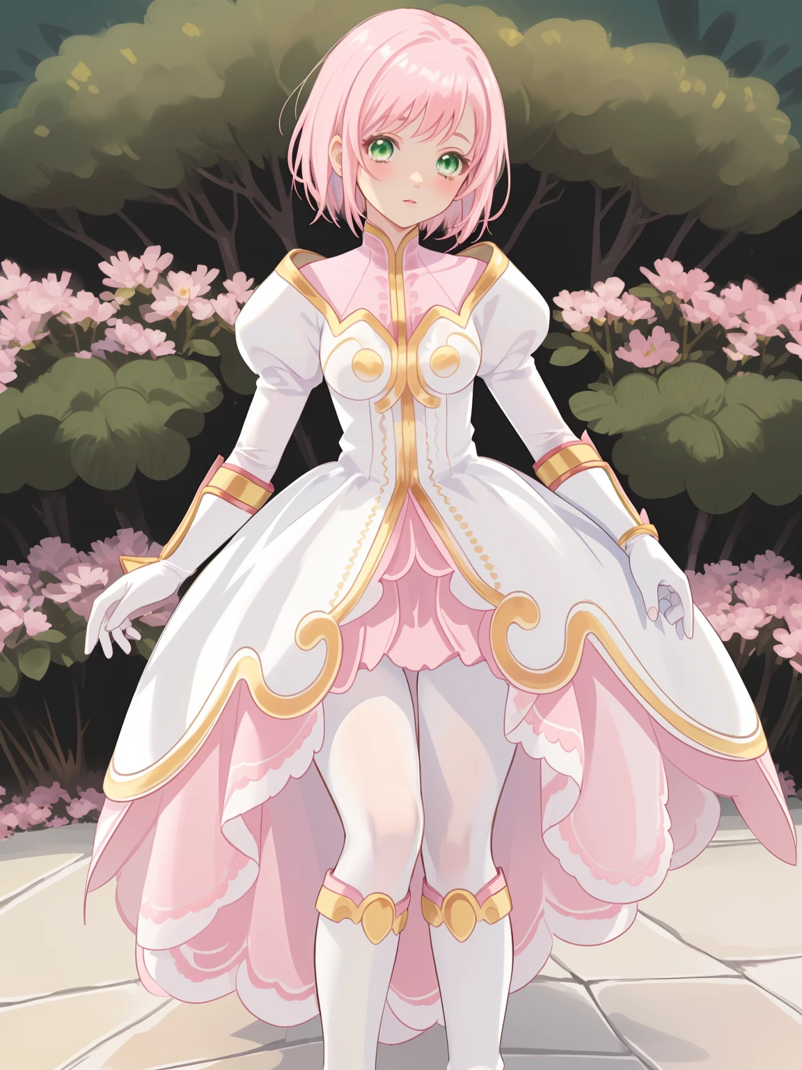 masterpiece, Highest quality, alone, One Girl,Estellise Sidos Heurassein, Pink Hair, short hair, Green Eyes, Small breasts, White and pink dress, Glamorous Dress, Pink collar, Pink Skirt, White boots, White gloves, (Black Pantyhose, Black legwear:1.1)whole body, Little:5, cute, (Beautifully detailed face), (Beautiful attention to detail), (Beautiful detailed hair)