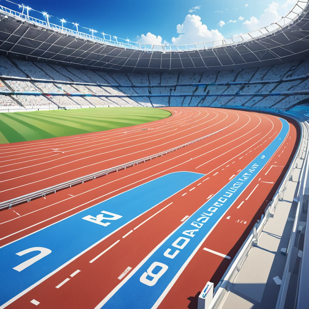 There are tracks with numbers and blue markers, Digital rendering by Tadashige Ono, Shutterstock, Process Art, Stadium setting, photo from the olympic games, walk short distance, レース中のwalk short distance者, standing in a Stadium, 1 0 0 meters away, On the race track, Stadium, Stadium landscape, The Best of Adobe Stock