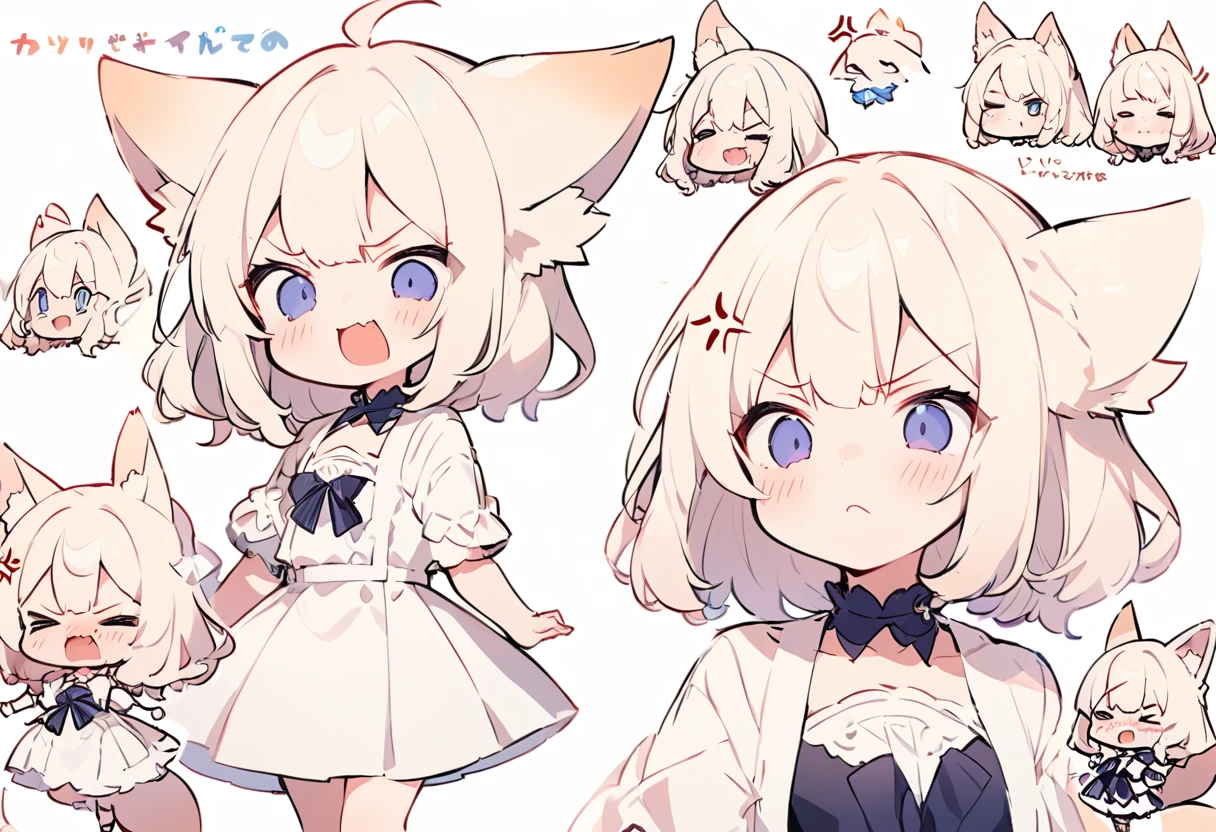 Anime, two heads, cute fox girl, character sheet, multiple poses and expressions, fashionable clothes, illustration, white background, joy, anger, sadness, impatience,