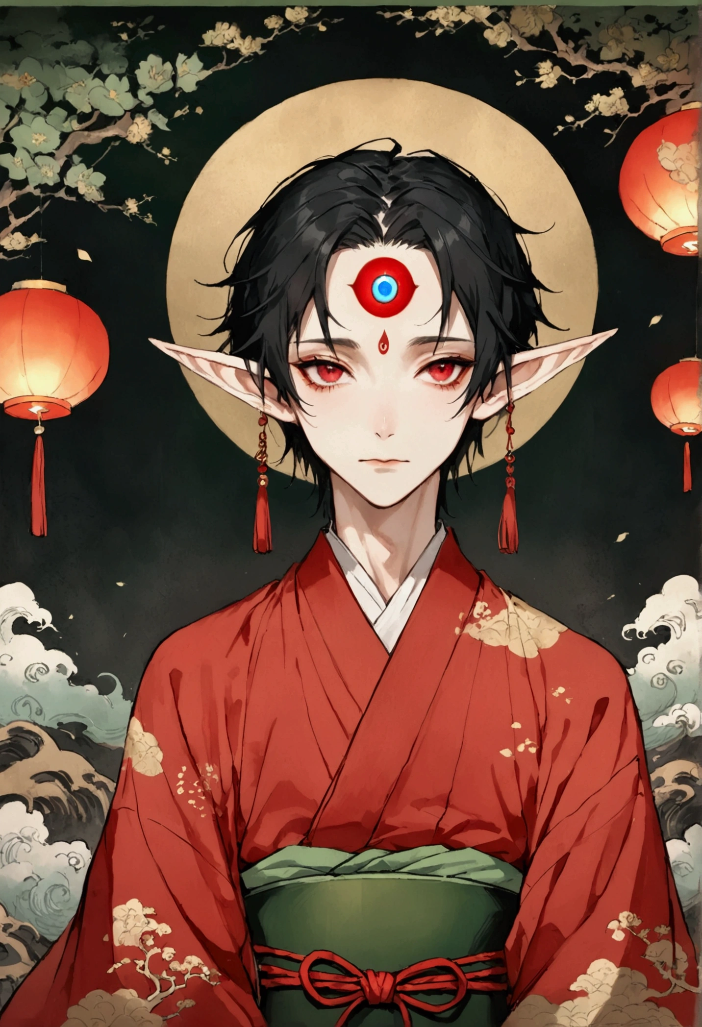 Art Illustration,Dark Style,(((1 Boy,独奏,third eye on the forehead,Elf ears))),(((Gorgeous Japanese red kimono:1.6,Eye Diagram,Dark Pattern))).(((Thin waist,Greenbelt:1.37)))whole body,Paper lanterns in the sky,Kongming Lantern