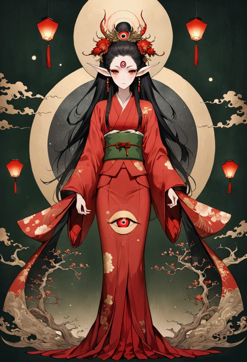 Art Illustration,Dark Style,(((1 Boy,独奏,third eye on the forehead,Elf ears))),(((Gorgeous Japanese red kimono:1.6,Eye Diagram,Dark Pattern))).(((Thin waist,Greenbelt:1.37)))whole body,Paper lanterns in the sky,Kongming Lantern