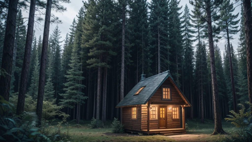 Beautiful little house in the forest. Cozy feeling. cinematic lighting 