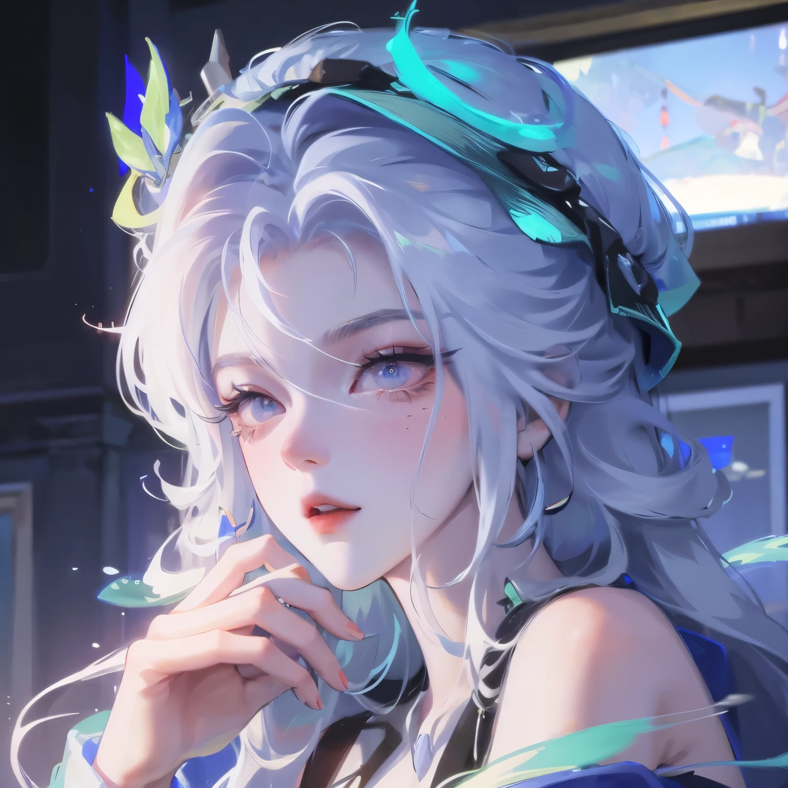 masterpiece, best quality, 4K, Ultra HD, Sanzhuang City, , Beautiful eyes and delicate face, illustration, Exquisite and detailed, high resolution illustration, Luminescence_White_particle, 1 Girl, White hair, Lilac eyes, Hair covering one eye, Short side details, Baseball cap,Poker face, curtain, Black jacket, Chest hanging, Cyberpunk, Technical clothing,(Impressionism:1.4)