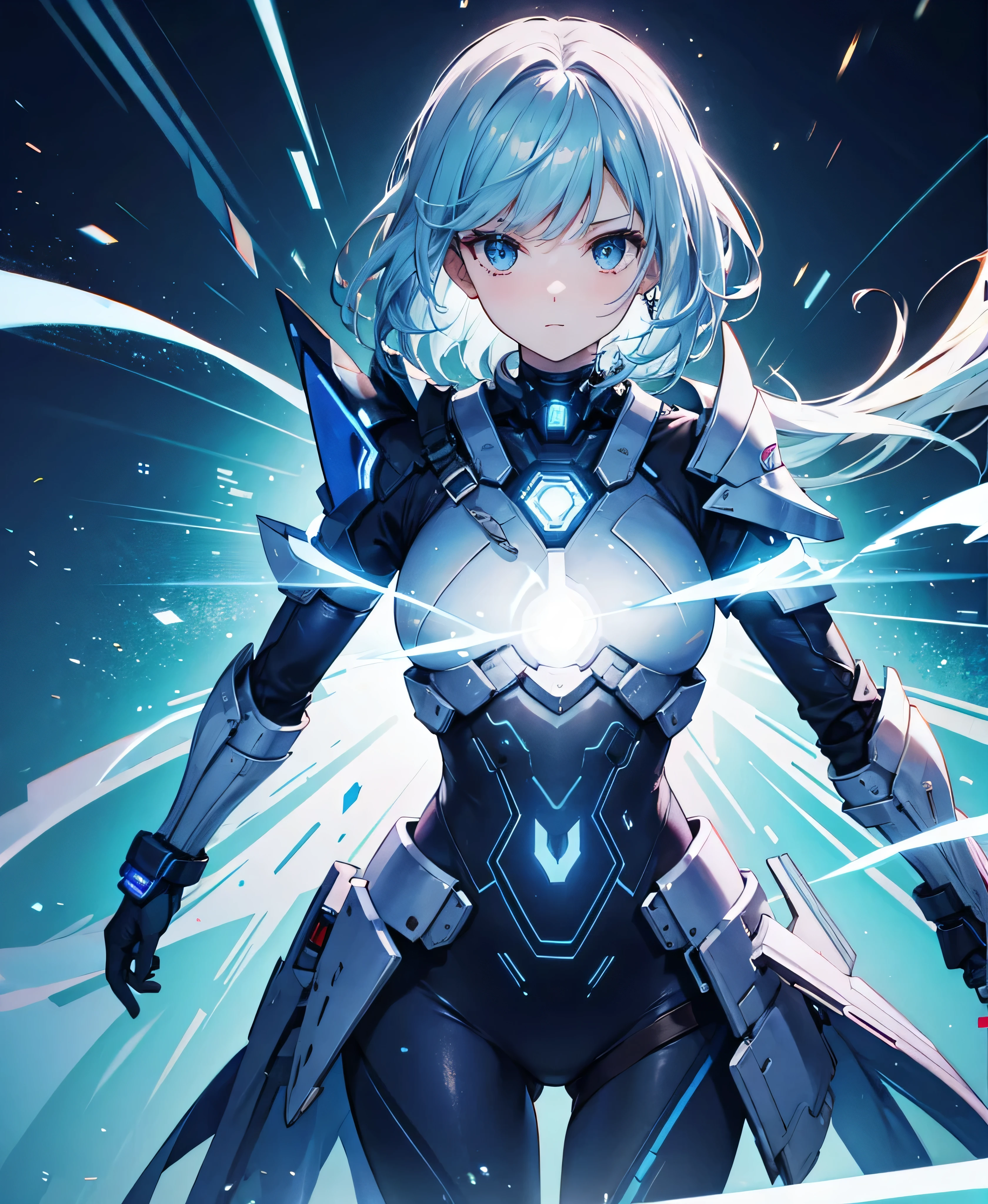 Holographic glow effect,8k, Highest quality, (real:1.4), Original photo, 1 girl, Asari Hair, Biological Amplifier, refined armor, posture: Peace talks between warring factions, smart blue eyes,whole body