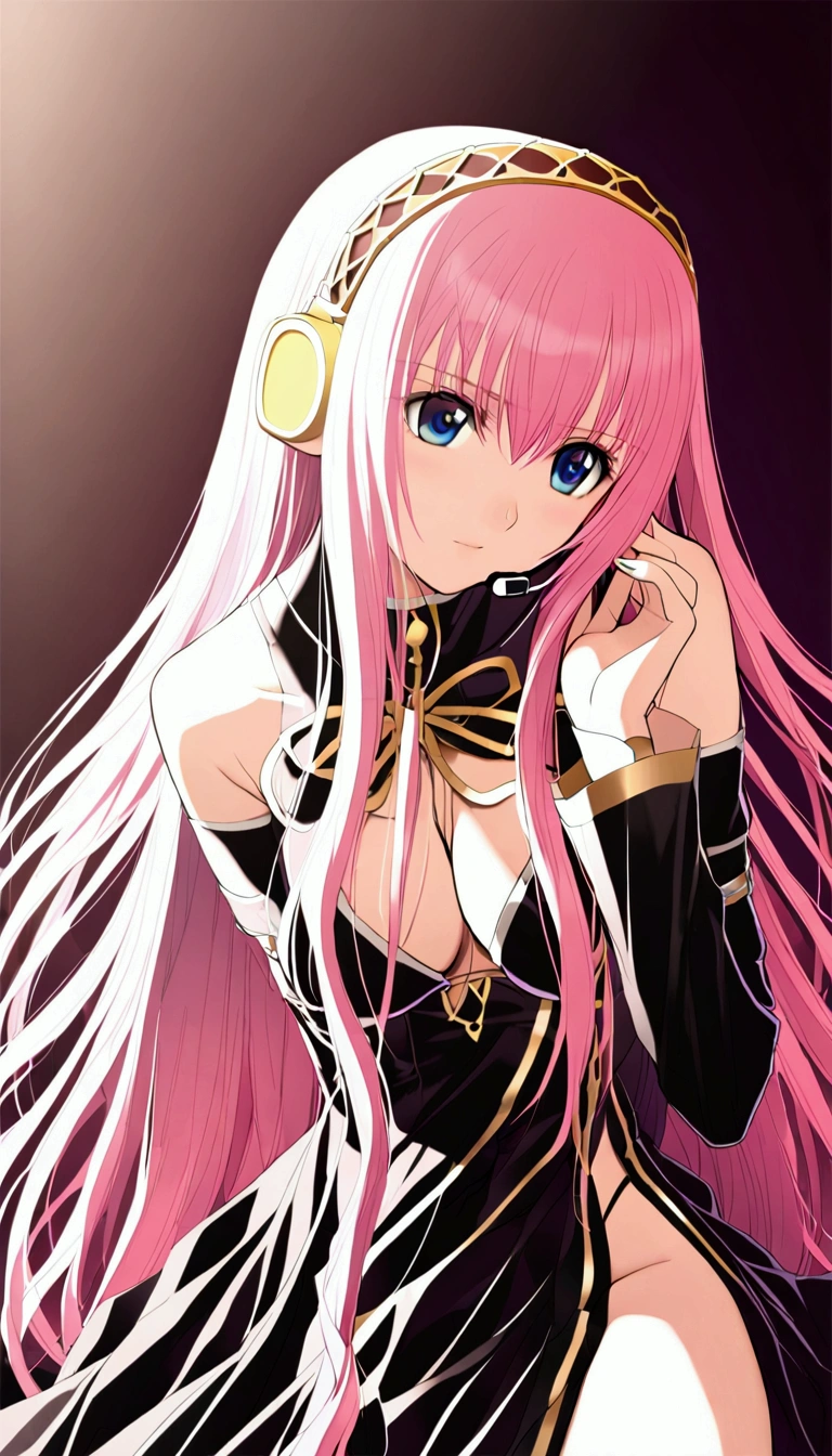 Beautiful adult woman ,Megurine Luka,Megurine Lukaの公式衣装,headphone,Black costume with gold decoration,Pink long hair,blue eyes,Bedroom