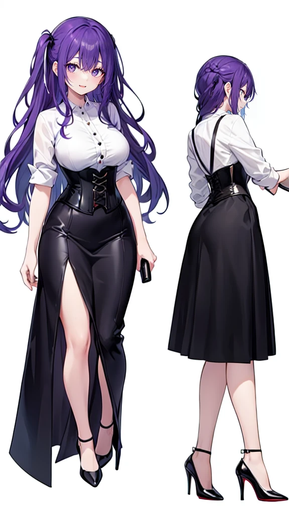 Purple Hair,Super long hair with volume,Adult female,(suit),White Y-shirt,((Rolling up his sleeves)),(corset),(Black skirt),(Slim silhouette skirt),(High heels),Heels are visible,((Simple white background)),smile,((whole body)),((full body)),Character Sheet,