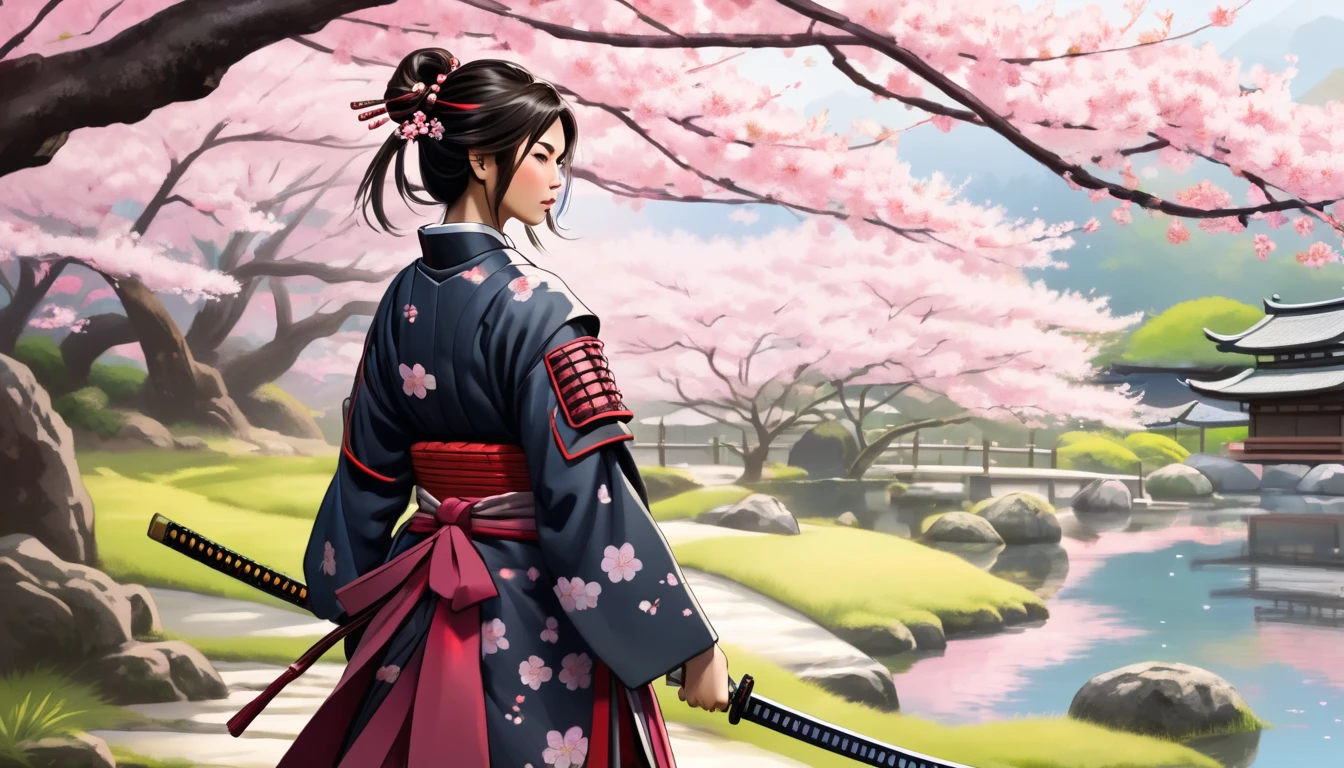 Female samurai,Background is cherry blossoms and Japanese garden