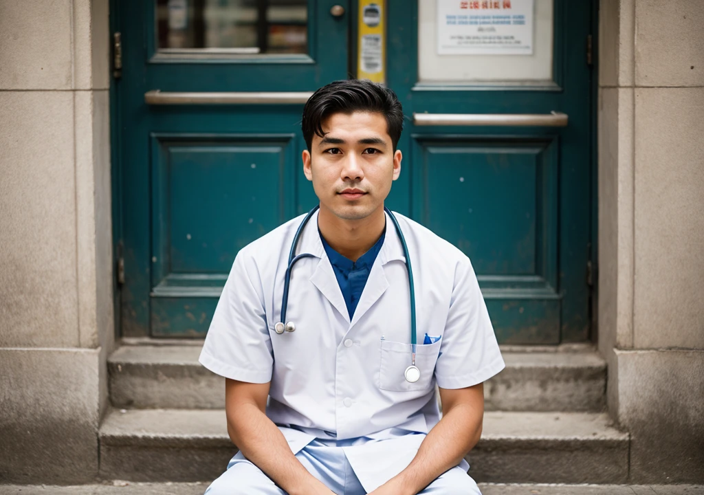 create several photos of a male nurse on the street sad