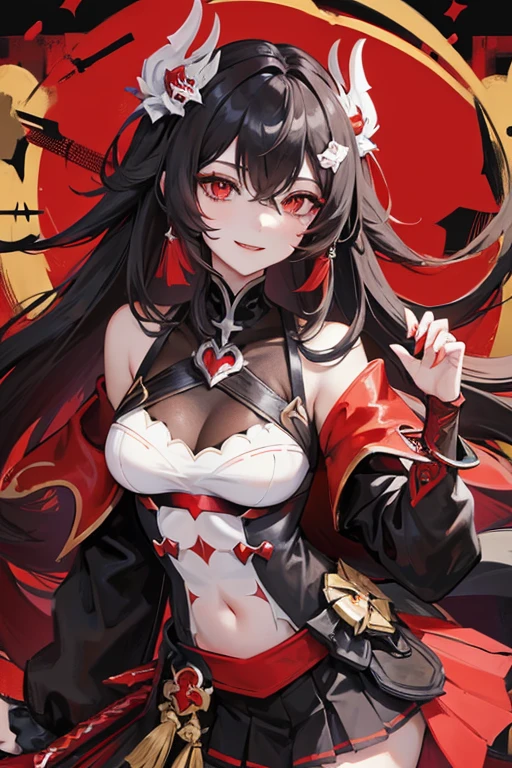 (Honkai Impact 3rd) veliona black hair, red eyes, long hair, hair ornament, medium breasts, black dress, red skirt, metal decorations,evil smile