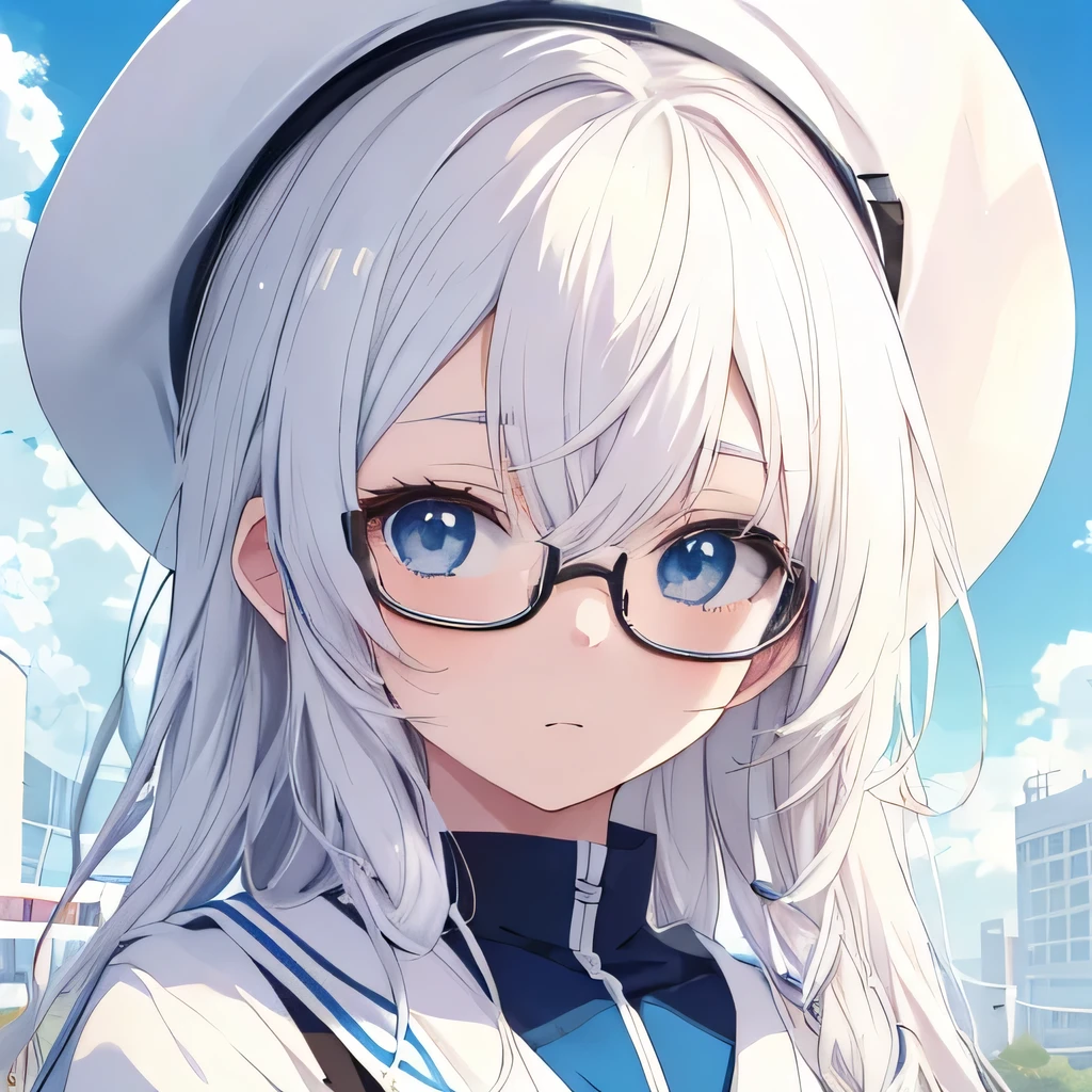 College girl wearing glasses, Wear Muumu、white dyed hair,White Hat, Sad face, tired, Station scenery, Portrait of Roffey, Digital anime illustration, Detailed digital anime art, Anime Portrait, Anime Moe Art Style, Realistic anime art style, Anime realism style, semi-realistic anime style, Anime Character Portraits, High quality anime art style