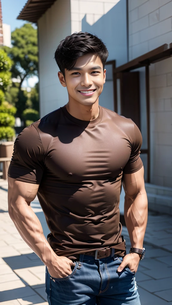 man , Brown t-shirt, jeans, black short hair , outdoor , cute smile , หน้าhandsomeแบบเกาหลีสมจริง , modest muscles , Masterpiece、High resolution、Surreal、detailed face、alone、man、Glowing skin、(Asia)、handsome、tall building background