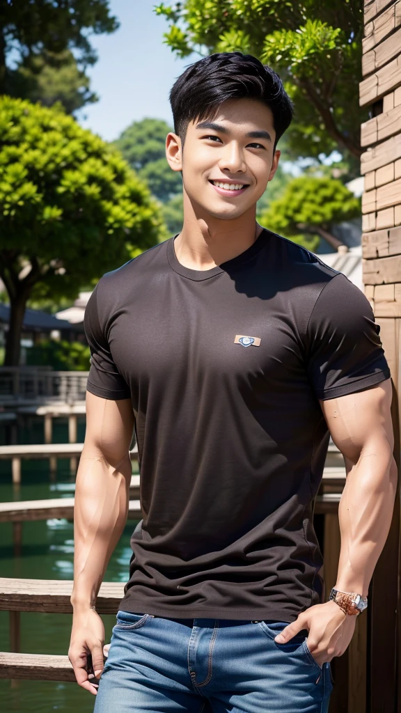man , Brown t-shirt, jeans, black short hair , outdoor , cute smile , หน้าhandsomeแบบเกาหลีสมจริง , modest muscles , Masterpiece、High resolution、Surreal、detailed face、alone、man、Glowing skin、(Asia)、handsome、tall building background