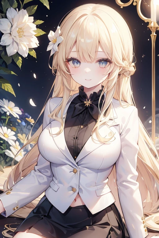 young girl, Gold hair, Gold eyes,beautiful and detailed eyes, big breasts, long hair, happy smile, black shirt,white blazer, black mini skirt, (flower garden )