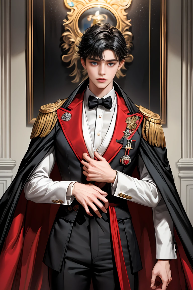 
masterpiece, 最high quality, high quality, 1 boy, alone, Male focus, Watching the audience,  Messy black hair, Adorable big blue eyes, White people, Noble, Noble,Sexy voluminous black and red cape、Tuxedo、A very voluminous, large, very large, very large, long, long red and black cape with a high stand-up collar, reaching down to the floor, made of a lot of fabric., 17 years old,Cute beautiful boys,Cute, cute, kind, handsome guy