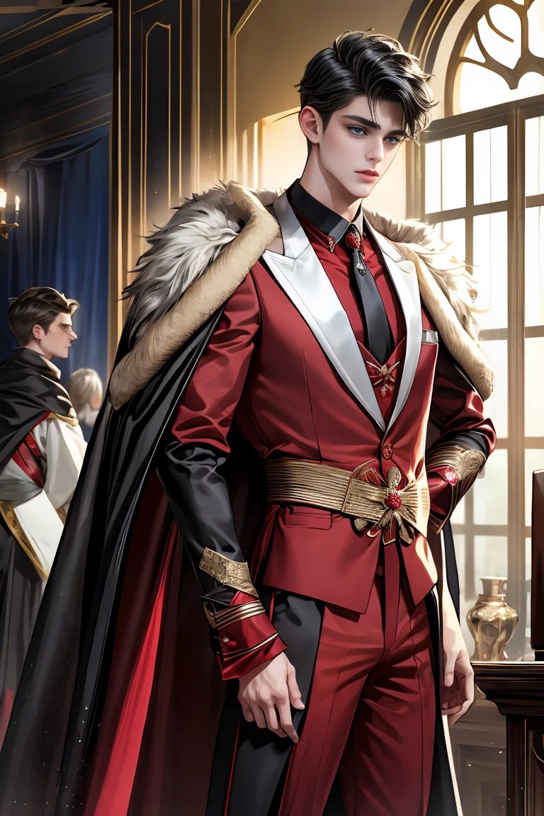 masterpiece, 最high quality, high quality, 1 boy, alone, Male focus, Watching the audience, Messy black hair, Adorable big blue eyes, White people, Noble, Noble,Sexy voluminous black and red cape、Tuxedo、A very voluminous, large, very large, very large, long, long red and black cape with a high stand-up collar, reaching down to the floor, made of a lot of fabric., ,Cute beautiful boys,Cute, cute, kind, handsome guy
