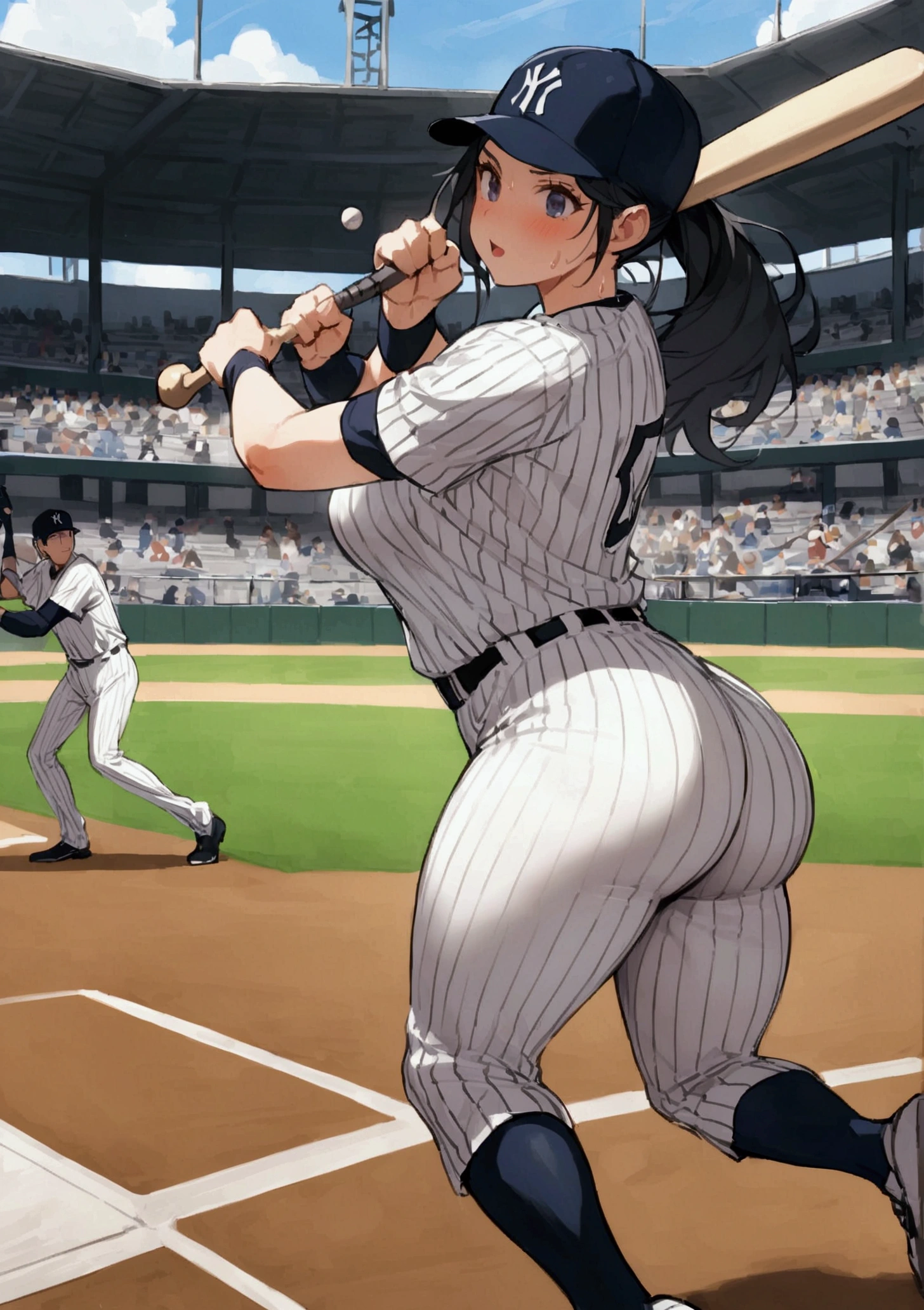 One woman、beautiful girl、high school girl、Baseball uniform、Yankees uniforms、Baseball cap、ponytail、Long Hair、baseball Ground、Batter、Batterボックス、Holding a bat、Baseball Swing、The stands are packed、swinging a bat、Hitting a baseball、Home Run、Highest quality,  Thick thighs、Big 、Big Ass、Black Hair、Sweaty body、Ichiro&#39;s batting style、Number 51、Hit the ball