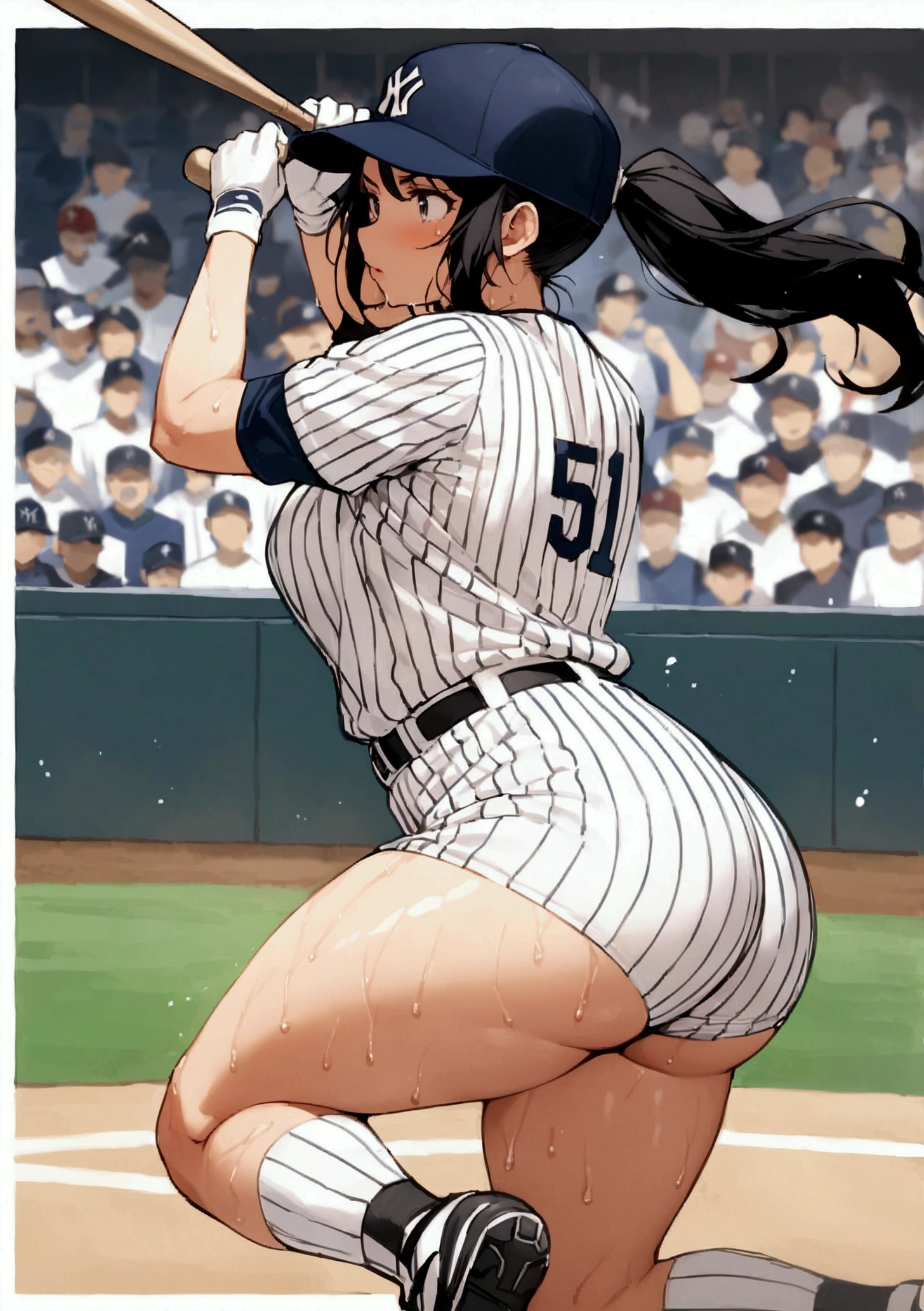 One woman、beautiful girl、high school girl、Baseball uniform、Yankees uniforms、Baseball cap、ponytail、Long Hair、baseball Ground、Batter、Batterボックス、Holding a bat、Baseball Swing、The stands are packed、swinging a bat、Hitting a baseball、Home Run、Highest quality, Thick thighs、Big 、Big Ass、Black Hair、Sweaty body、Ichiro's batting style、Number 51、Hit the ball