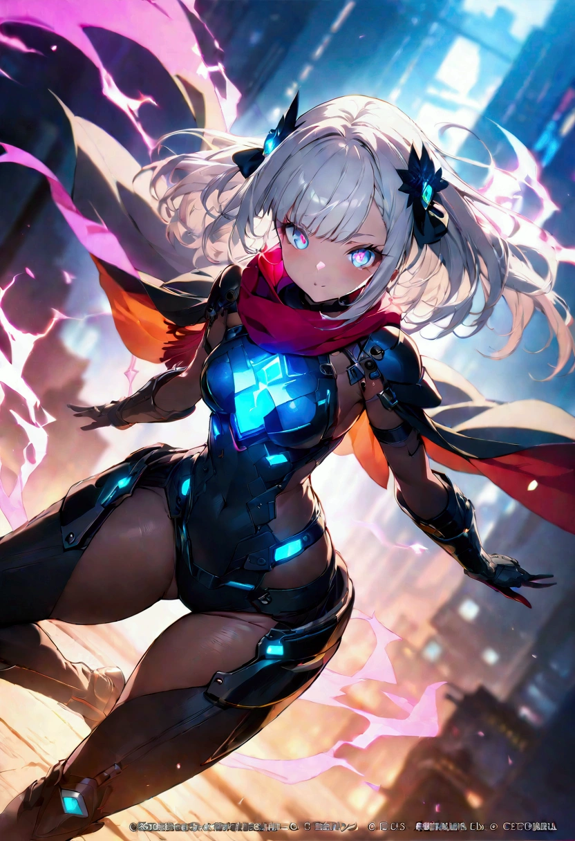 Cyberpunk style, Beautiful girl in armor, (Flying in the sky), cape, scarf, Long white hair,Hair accessories, electricity,flame,ice,gem,cloud, Metal Material,Wood texture, Depth of Field, Blurred background, A fusion of aesthetics and dynamics+ Wide-angle lens +(masterpiece, Top quality, best quality, Official Art, beautiful and aesthetic:1.2), rich and colorful, Glowing skin,