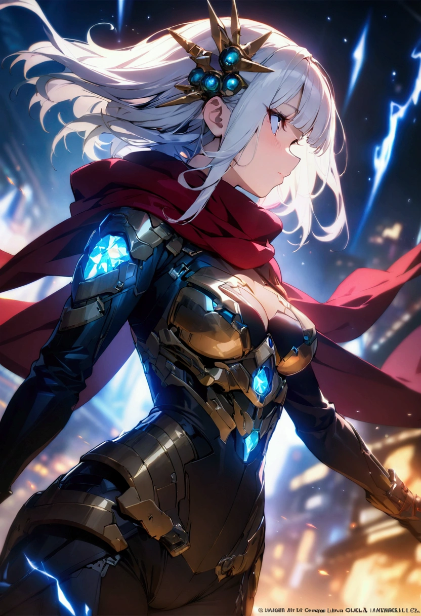 Cyberpunk style, Beautiful girl in armor, (Flying in the sky), cape, scarf, Long white hair,Hair accessories, electricity，flame，ice，gem，cloud, Metal Material，Wood texture, Depth of Field, Blurred background, A fusion of aesthetics and dynamics+ Wide-angle lens +(masterpiece, Top quality, best quality, Official Art, beautiful and aesthetic:1.2), rich and colorful, Glowing skin,