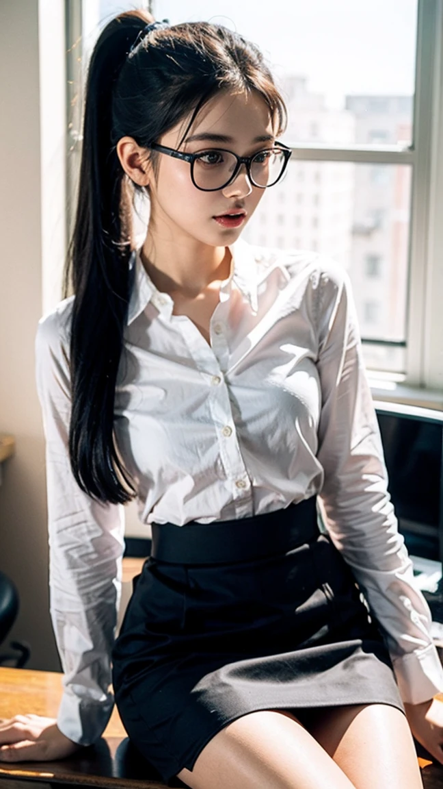 ((best quality)), ((Masterpiece)), (details), perfect face, beautiful body, beautiful face, Teen Girls, perfect body, detailsสูงเป็นพิเศษ, Optical Realism, Intimate atmosphere, light flows, Straight black hair, ponytail, glasses, wear office clothes, white shirt, black skirt, Unbuttoned shirt, sitting on the table, office room