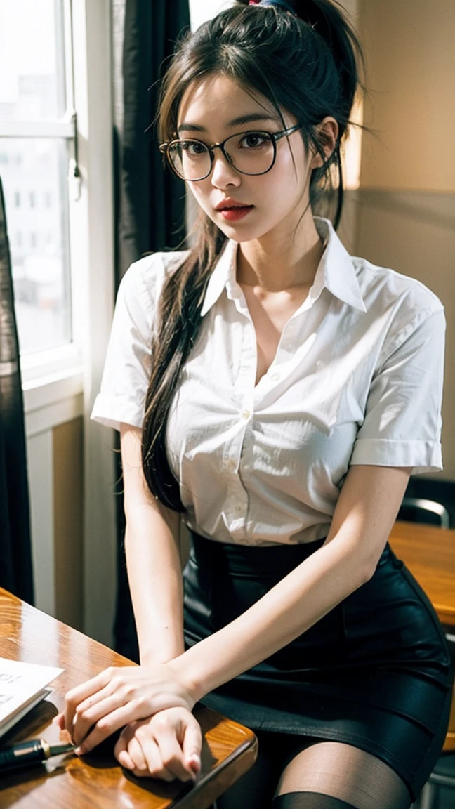 ((best quality)), ((Masterpiece)), (details), perfect face, beautiful body, beautiful face, Teen Girls, perfect body, detailsสูงเป็นพิเศษ, Optical Realism, Intimate atmosphere, light flows, Straight black hair, ponytail, glasses, wear office clothes, white shirt, black skirt, Unbuttoned shirt, sitting on the table, office room