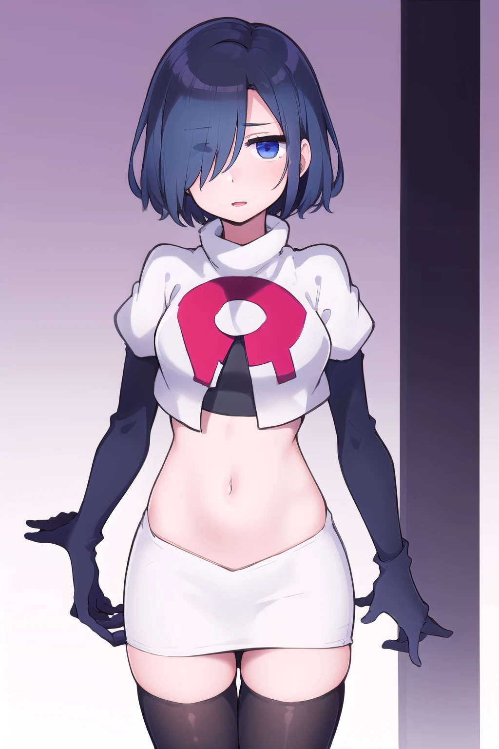 1girl,  kirishima touka, blue hair, hair over one eye, blue eyes, team rocket,team rocket uniform,white skirt,red letter R,crop top,black thigh-highs,black elbow gloves