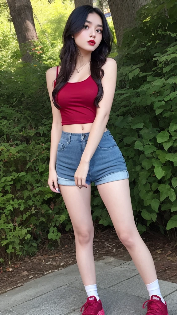 a very cute girl, solo, young, wearing blue t shirt and short pants, medium breast, standing, long hairs, red lips, at forest, realistic face, full body, green shoes