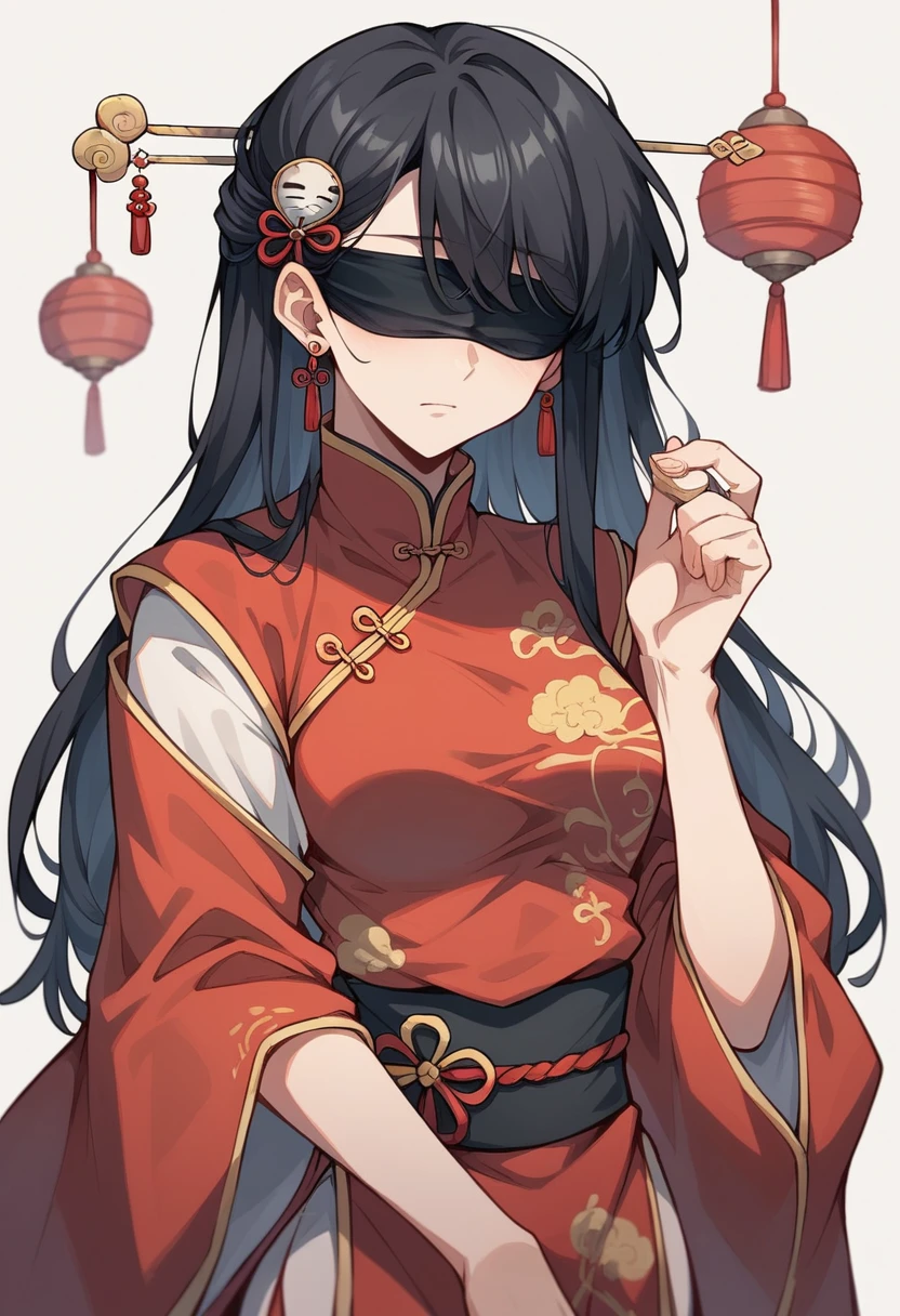 Masterpiece, best quality, black hair,hairpin,long hair,conjunctivitis,Blindfold, earring, Hanfu,Chinese clothes,