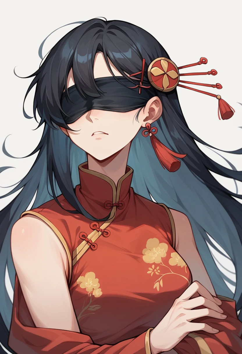Masterpiece, best quality,  black hair,hairpin,long hair,conjunctivitis,Blindfold, earring, Hanfu,Chinese clothes,