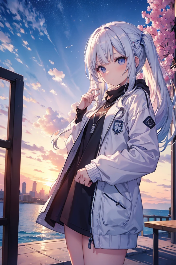 master part, top-notch quality, 4K Ultra HD, apresentando Gawr Gura de Hololive, in a white varsity jacket, posar para uma foto. Arte inspirada no estilo de Guweiz, arte de anime digital detalhada, flawless artwork, in a city with beautiful trees, with a purple early morning sky with beautiful clouds, in a place overlooking the sea with children playing in the background and flying kites