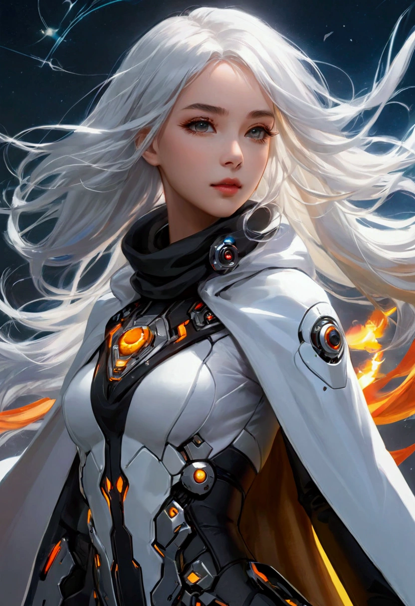Beautiful girl wearing cyberpunk style mecha, (Flying in the sky), cape, scarf, Long white hair,Hair accessories, electricity,flame,ice,gem,cloud, Metal Material,Wood texture, Depth of Field, Blurred background, A fusion of aesthetics and dynamics+ Wide-angle lens +(masterpiece, Top quality, best quality, Official Art, beautiful and aesthetic:1.2), rich and colorful, Glowing skin,