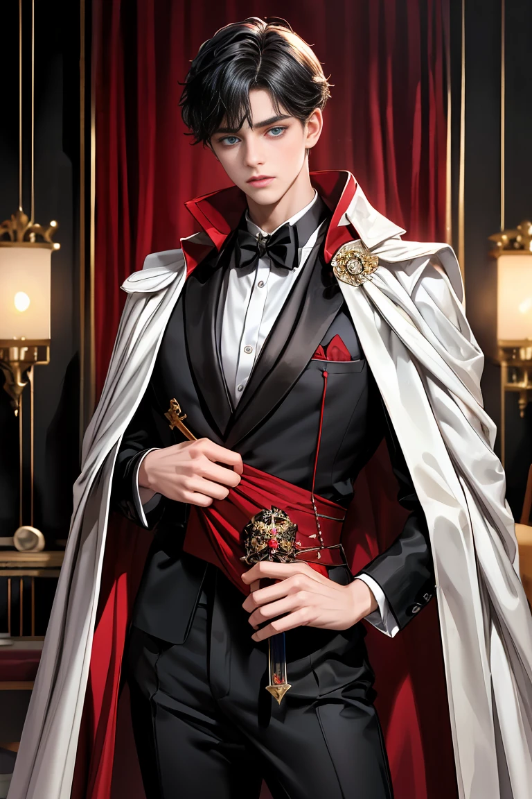 masterpiece, 最high quality, high quality, 1 boy, alone, Male focus, Watching the audience, Messy black hair, Adorable big blue eyes, White people, Noble, Noble,A black and red cape bursting with sexy volume、Tuxedo、A very voluminous, large, very large, very large, long, long red and black cape with a high stand-up collar, made of a lot of fabric that reaches down to the floor., ,Cute beautiful boys,Cute, cute, kind, handsome guy