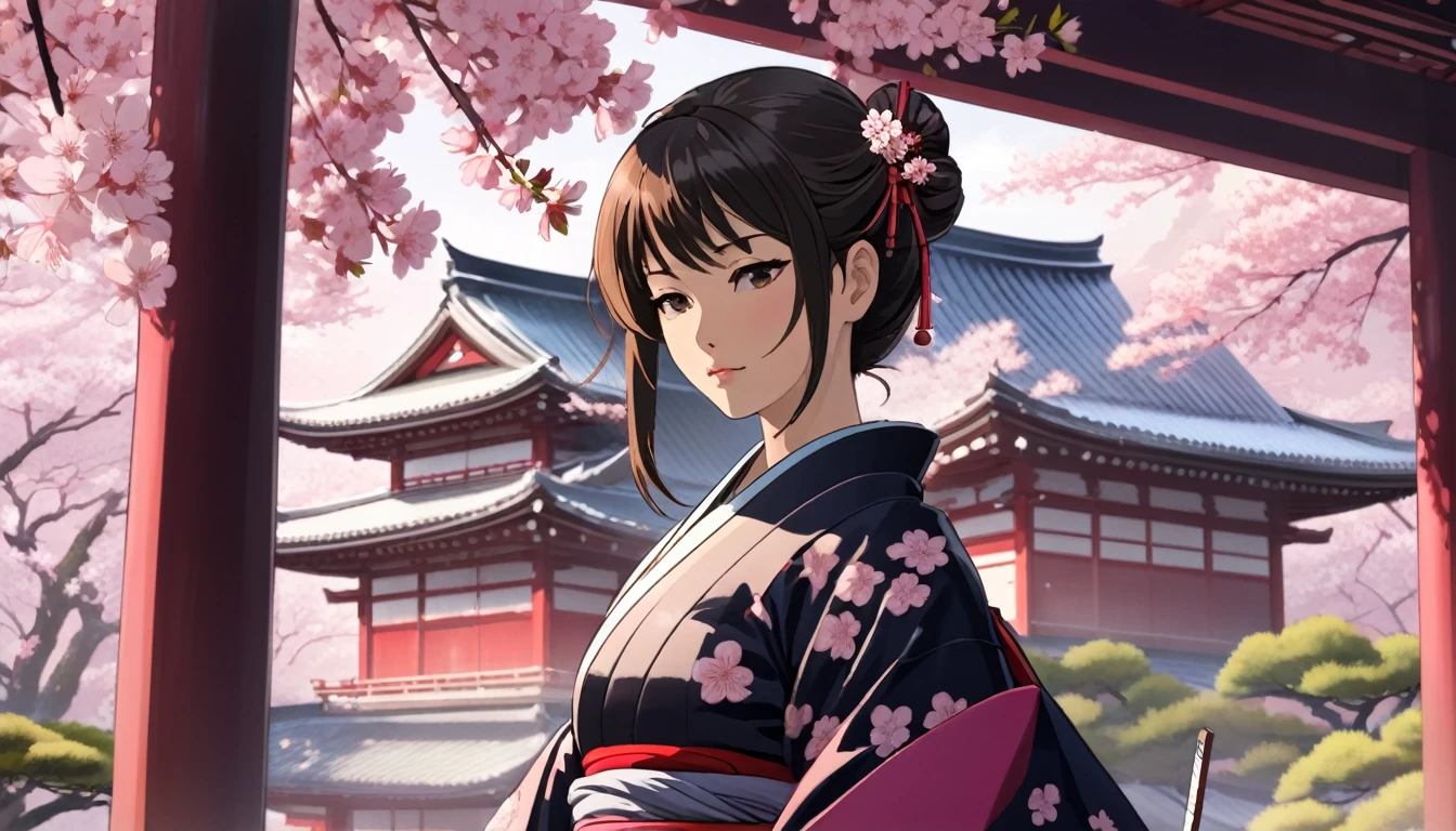Female samurai,Cherry blossoms and Japanese temple