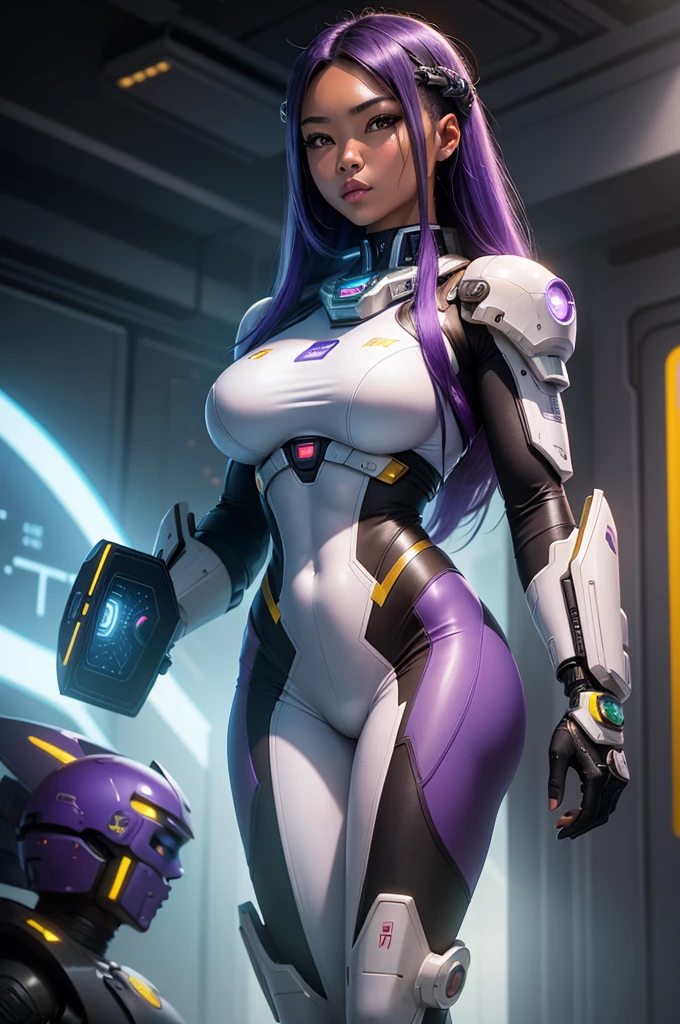A beautiful, exuberant and very young cybernetic android warrior with black African and oriental Japanese and Chinese features, mixed with the clone of the Greek goddess Athena, with giant breasts, transformed into a super sensual and extremely muscular astronaut, fitness, fit bodybuilder and weightlifter, wearing very short, purple and very straight hair in locks, wearing cyberpunk battle clothes, exploring a mysterious planet in a sci-fi environment, fighting on a space battlefield on a planet fighting an army of robots and holograms