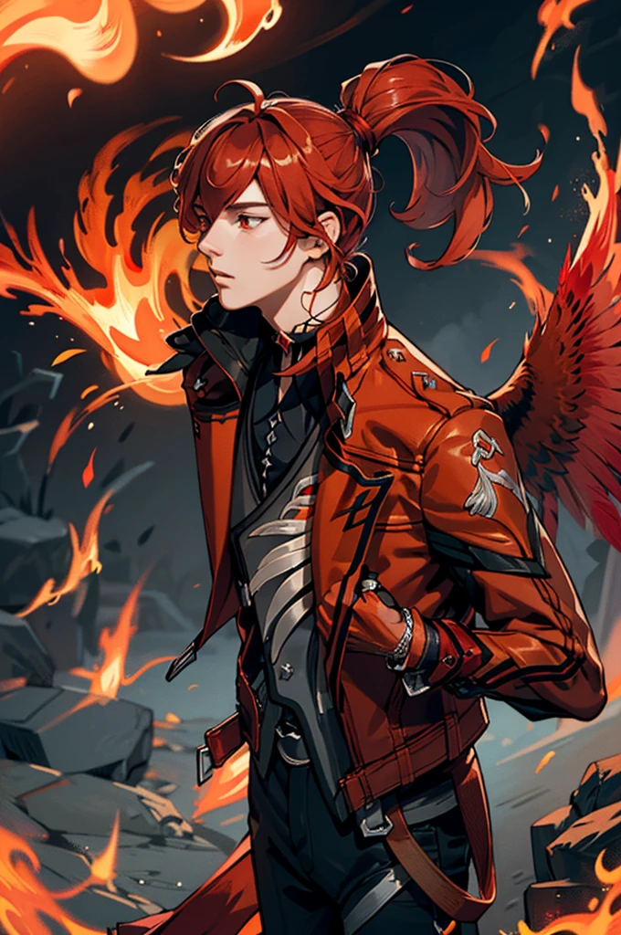 (masterpiece, best quality), 1 male, mature, aged up:1.4, tall muscular guy, broad shoulders, finely detailed eyes and detailed face, extremely detailed CG unity 8k wallpaper, intricate details, Fantasy, red hair, red flowers background,diluc (genshin impact), red eyes, ((red and orange bird feathers made of fire flying around him, lots of fire feathers)), red leather jacket, black collar, high ponytail red hair ((((flying red feathers))))