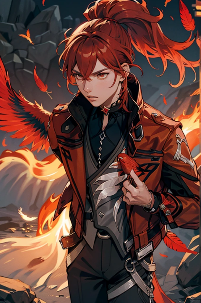 (masterpiece, best quality), 1 male, mature, aged up:1.4, tall muscular guy, broad shoulders, finely detailed eyes and detailed face, extremely detailed CG unity 8k wallpaper, intricate details, Fantasy, red hair, red flowers background,diluc (genshin impact), red eyes, ((red and orange bird feathers made of fire flying around him, lots of fire feathers)), red leather jacket, black collar, high ponytail red hair ((((flying red feathers))))