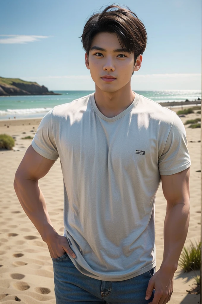 A young Asian man stands, handsome, muscular, looking at the camera. In a plain brown t-shirt, Fieldside, grass, beach, sunlight